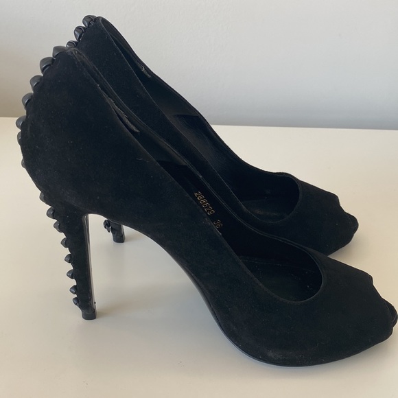 Alexander McQueen suede peep-toe heels with braided leather detail on heel 36/6 - Picture 3 of 16